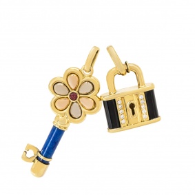 Yellow Gold Multi-Gemstone & Diamond Lock & Key Pendant